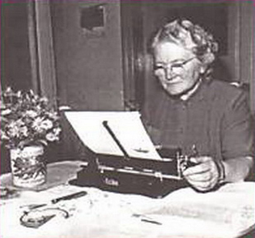 Paula Hitler at her typewriter in about 1959
