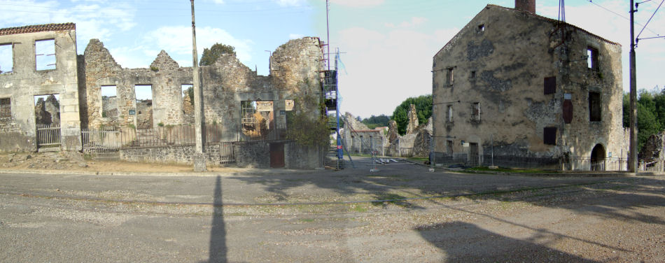 Panorama of the entrance to the road to Peyrilhac showing reconstruction work